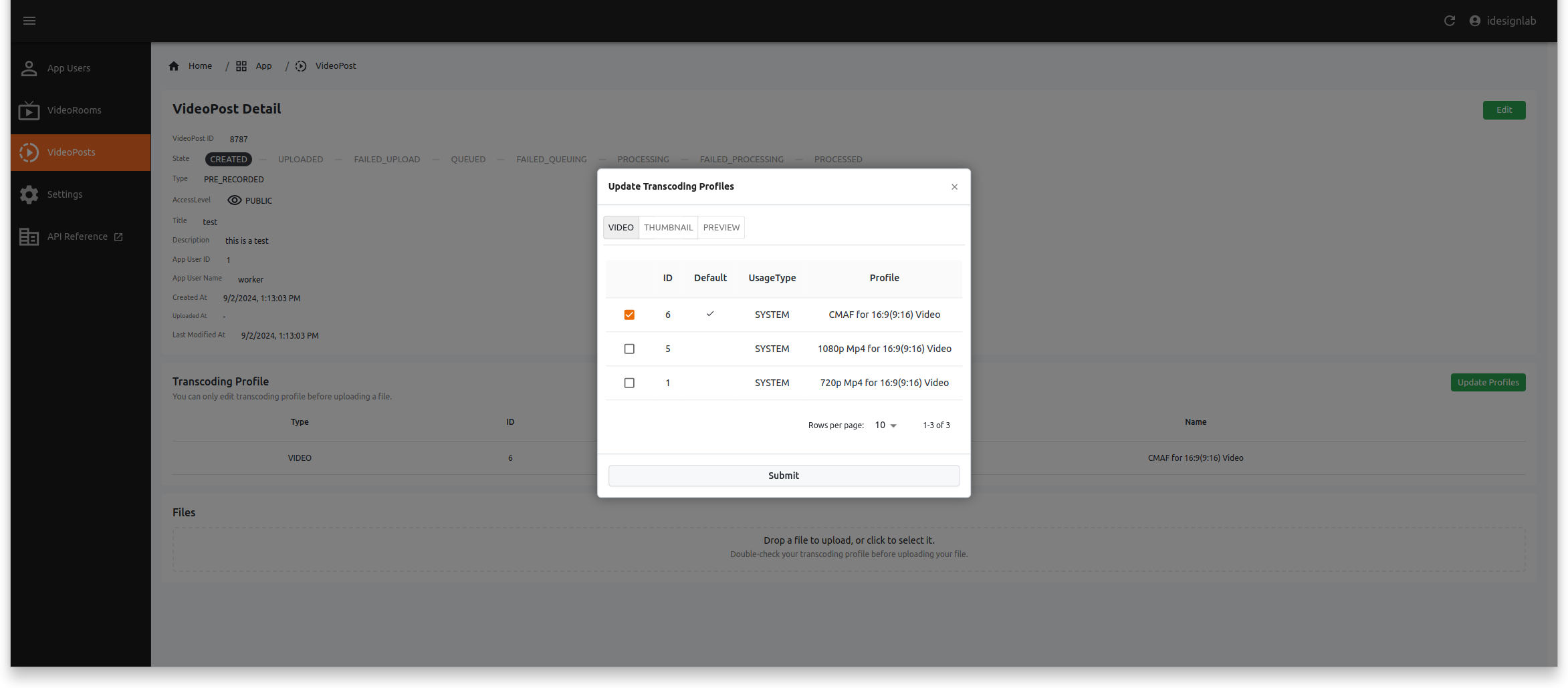 Video Post Transcoding Profiles Screen